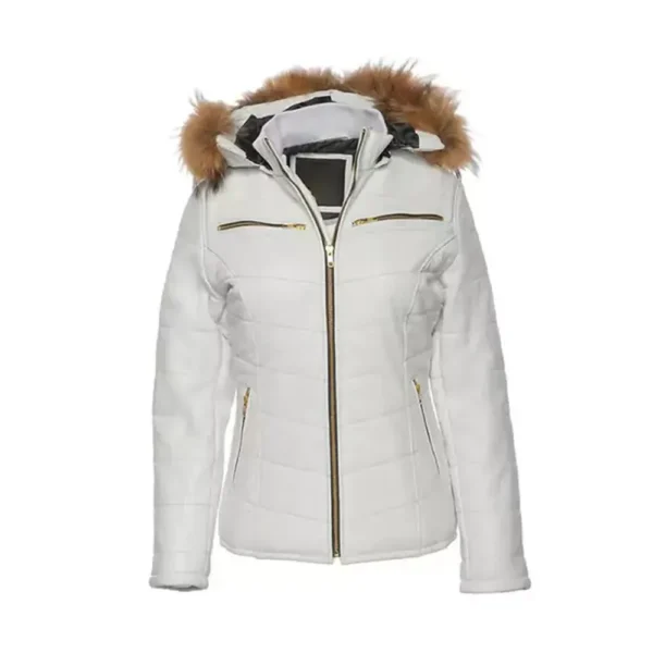 Women’s Puffer with Hood White Leather Jacket By Jacket Field
