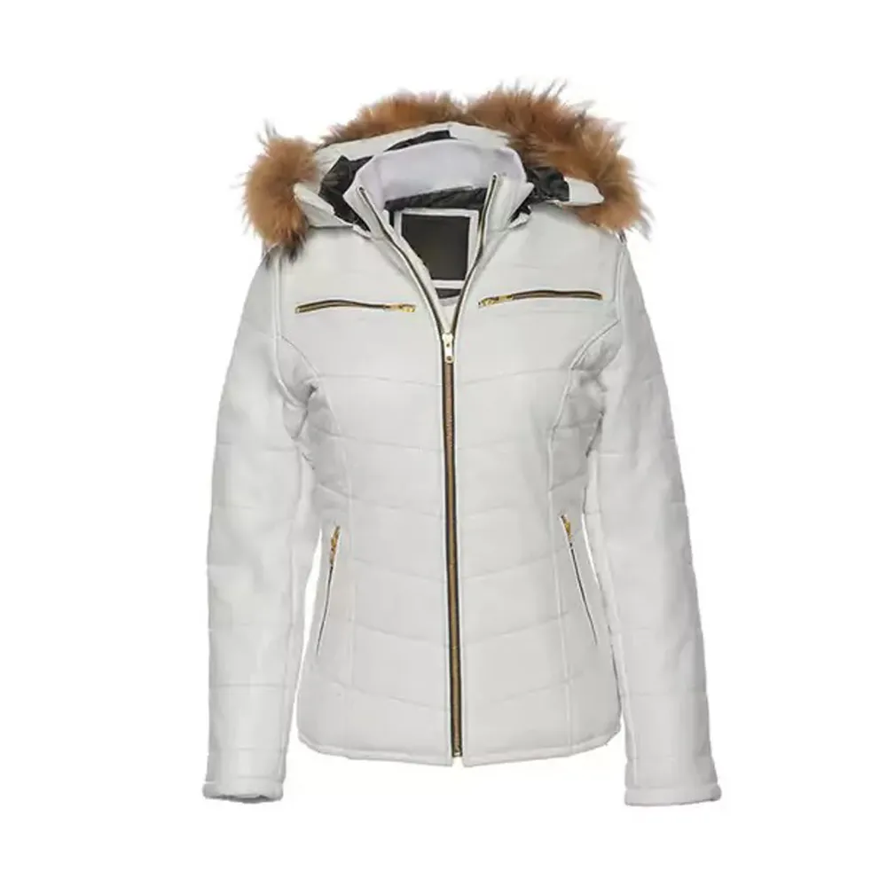Women’s Puffer with Hood White Leather Jacket By Jacket Field