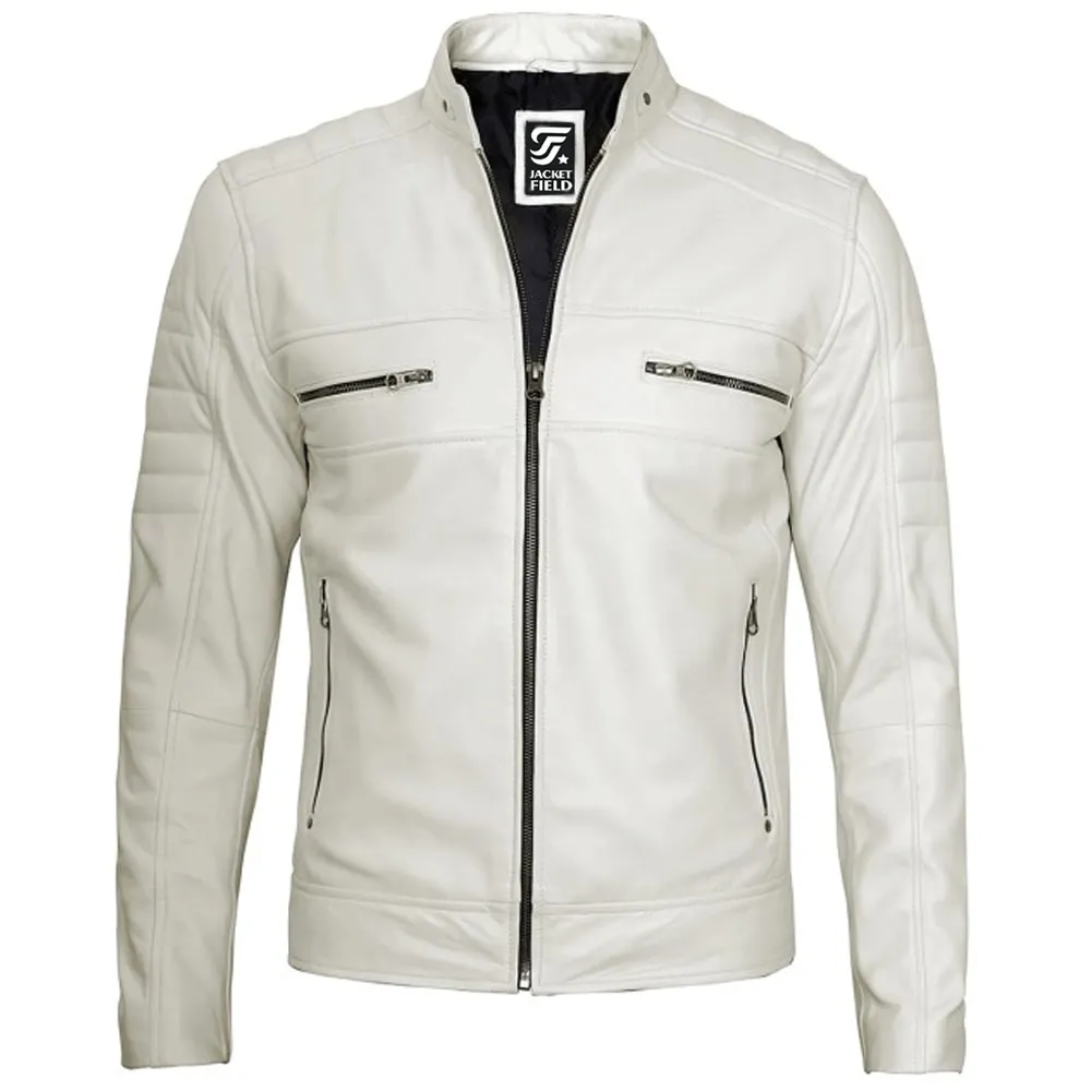 Austin Mens Cafe Racer Leather Off White Jacket by Jacket Field