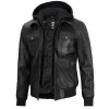 Mens Black Leather Bomber Jacket with Hood by Jacket Field