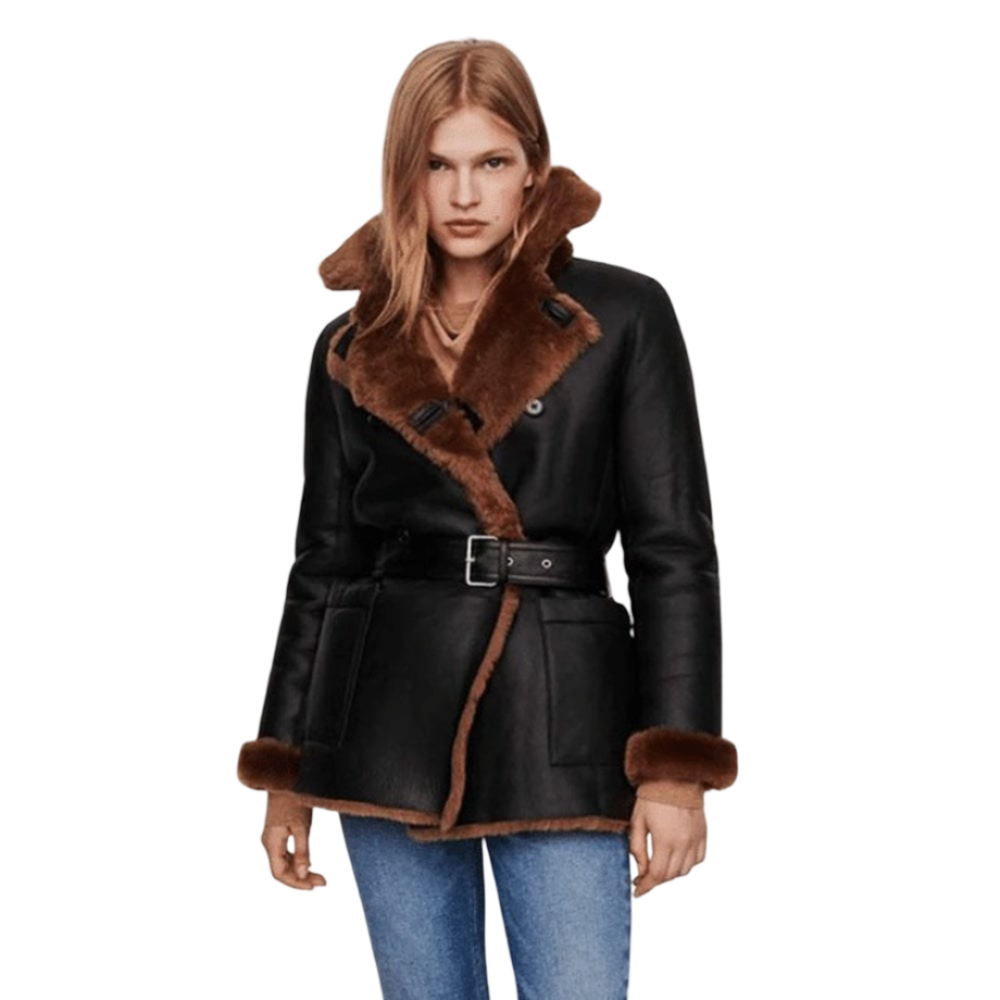 Womens Black Faux Leather Shearling Jacket by Jacket Field