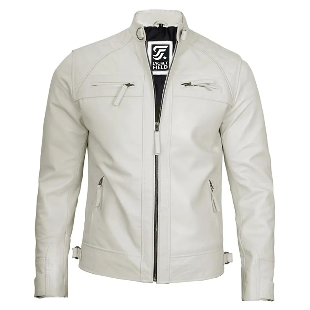 Classic Mens Leather Cafe Racer Off White Jacket by Jacket Field
