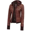 Dark Brown Leather Bomber Jacket Women with Removable Hood by Jacket Field