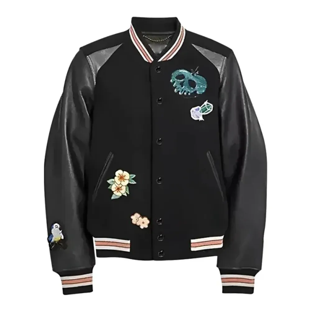 Mens Black Wool & Leather Disney Halloween Varsity Jacket by Jacket Field