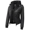 Black Leather Bomber Jacket Women with Removable Hood by Jacket Field