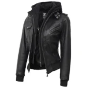 Black Leather Bomber Jacket Women with Removable Hood by Jacket Field