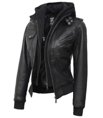 Black Leather Bomber Jacket Women with Removable Hood by Jacket Field