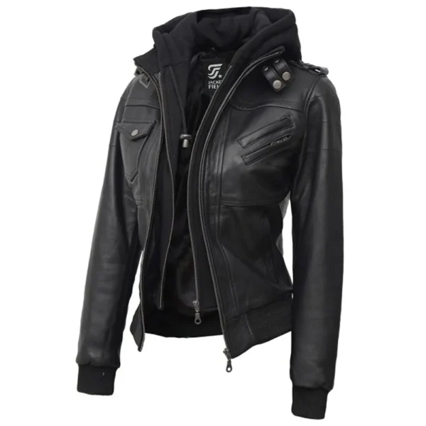 Black Leather Bomber Jacket Women with Removable Hood by Jacket Field
