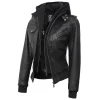 Black Leather Bomber Jacket Women with Removable Hood by Jacket Field