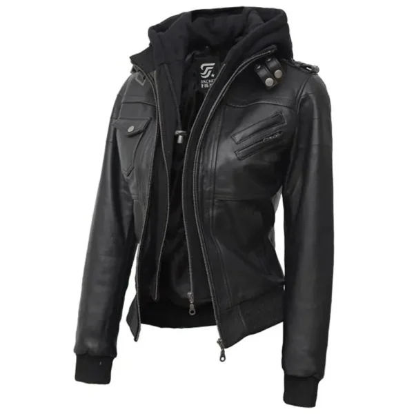 Black Leather Bomber Jacket Women with Removable Hood by Jacket Field
