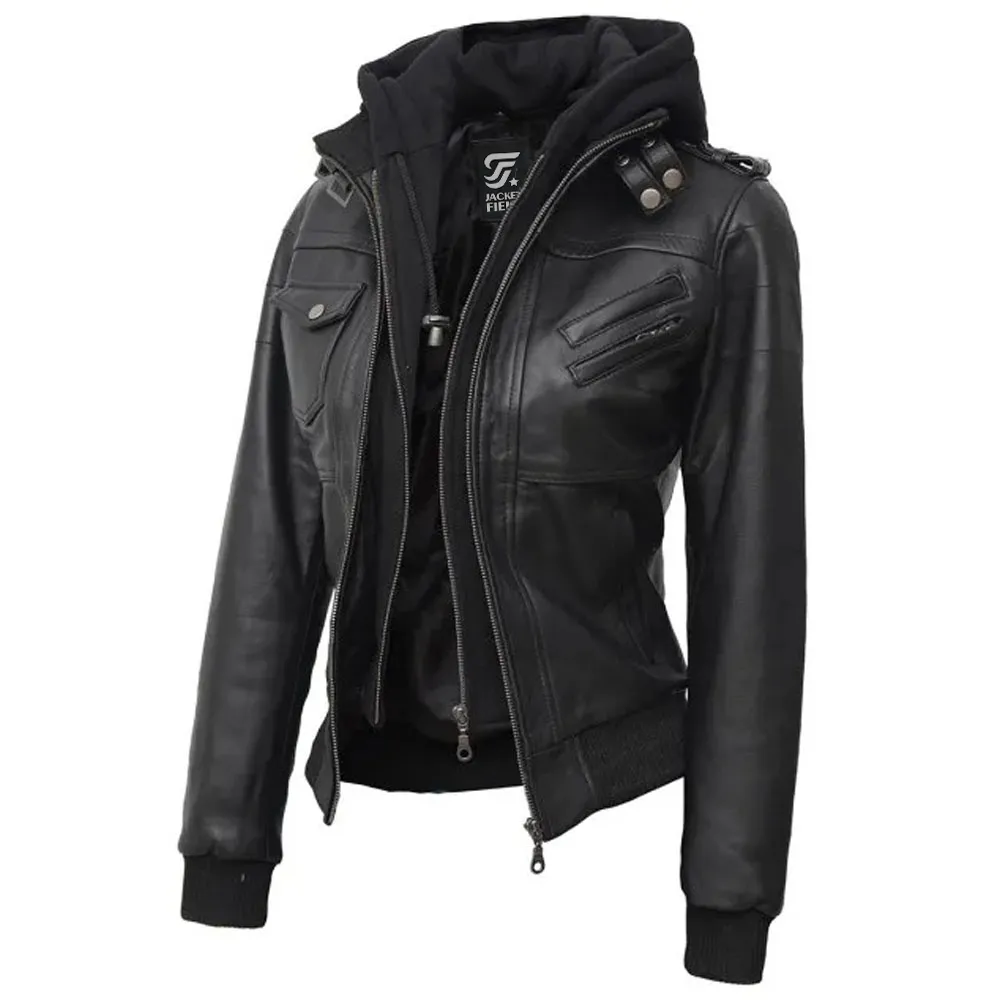Black Leather Bomber Jacket Women with Removable Hood by Jacket Field