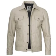 Mens Leather Trucker Off White Jacket by Jacket Field