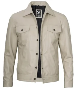 Mens Leather Trucker Off White Jacket by Jacket Field