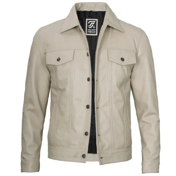 Mens Leather Trucker Off White Jacket by Jacket Field
