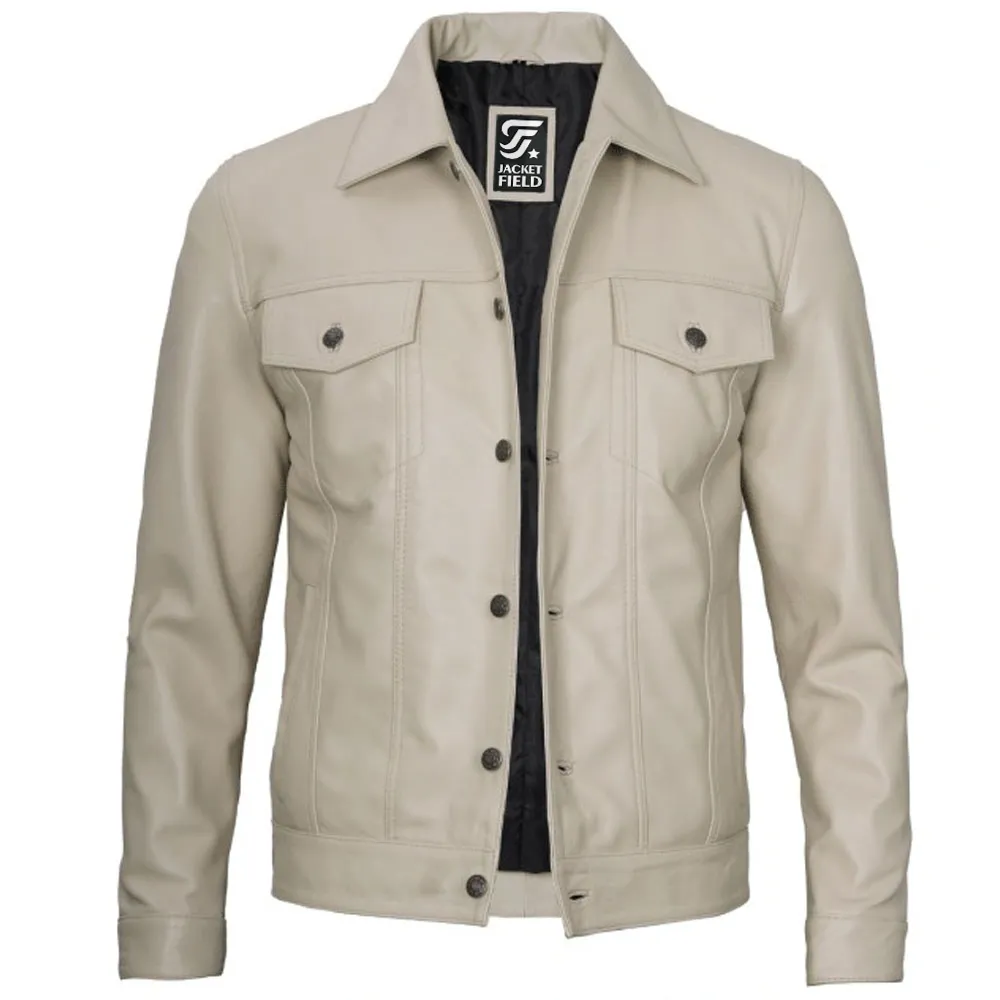 Mens Leather Trucker Off White Jacket by Jacket Field