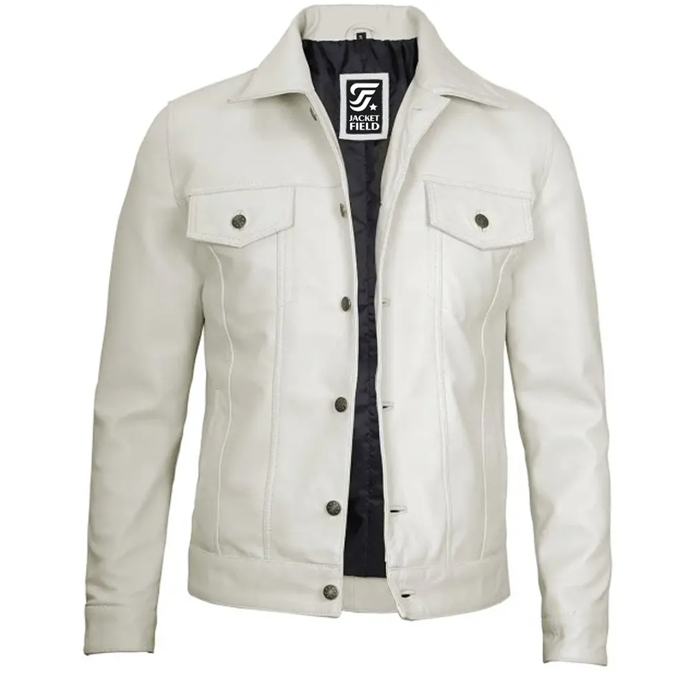 Fernando Mens Leather Trucker Off White Jacket by Jacket Field