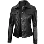 Fernando Women’s Trucker Black Leather Jacket By Jacket Field