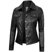 Fernando Women’s Trucker Black Leather Jacket By Jacket Field