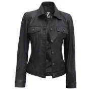 Fernando Women’s Vegan Trucker Black Leather Jacket By Jacket Field