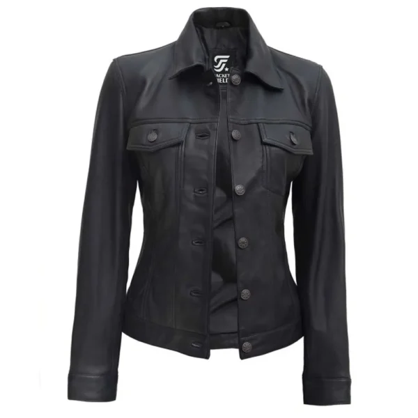 Fernando Women’s Vegan Trucker Black Leather Jacket By Jacket Field