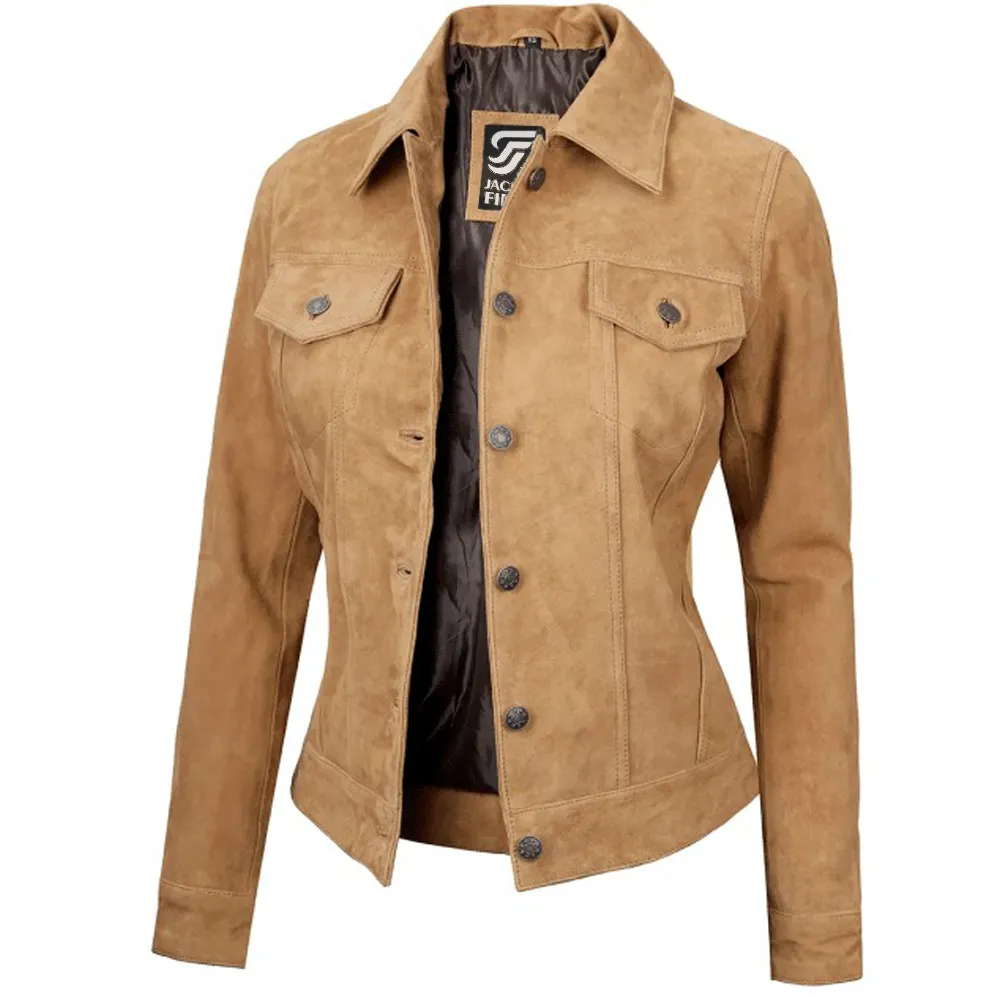 Womens Light Tan Trucker Leather Suede Jacket by Jacket Field