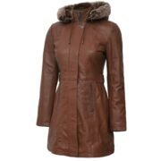 Womens Brown Leather Shearling Coat with Hooded by Jacket Field