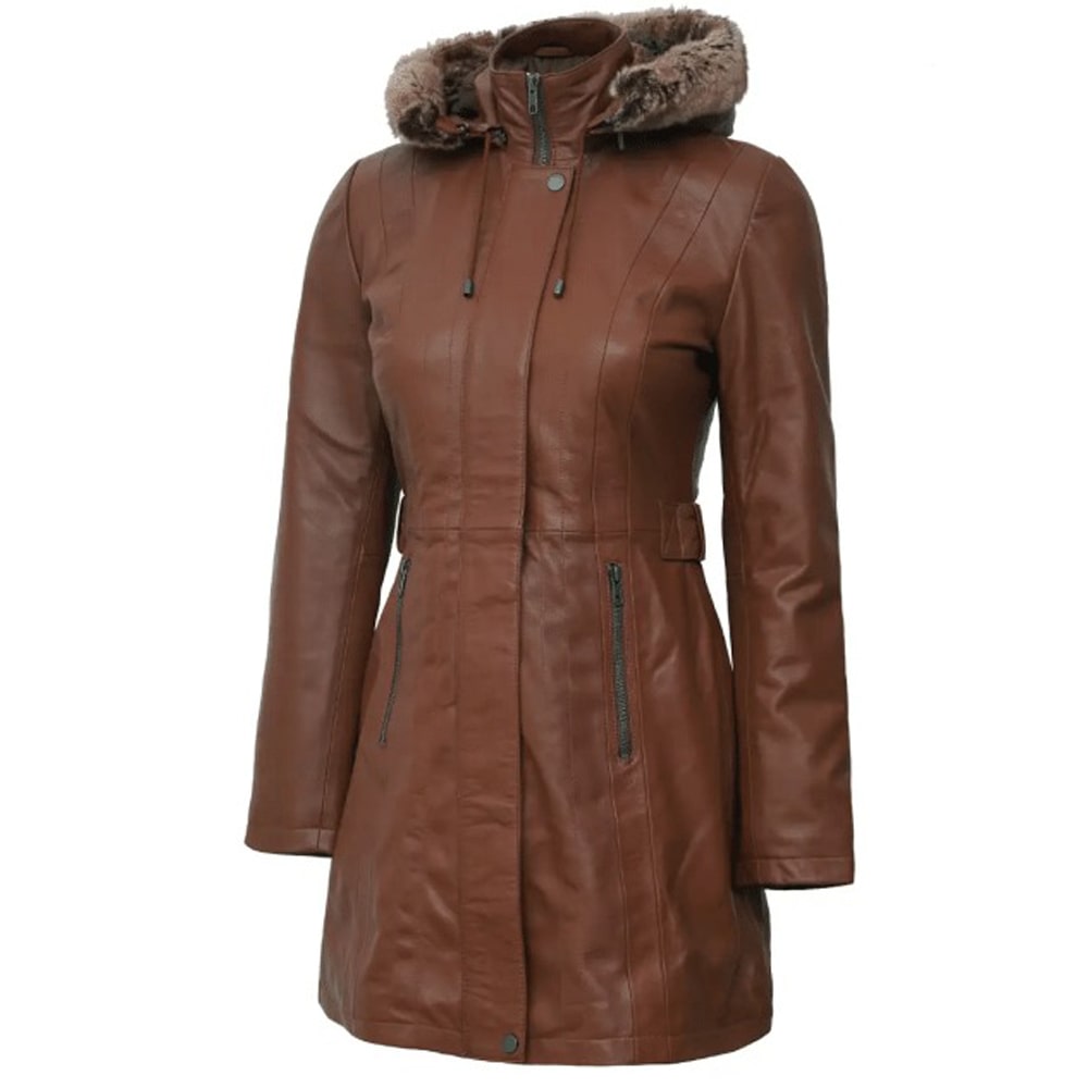 Womens Brown Leather Shearling Coat with Hooded by Jacket Field