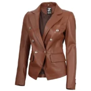 Kinley Womens Double Breasted Brown Leather Jacket by Jacket Field