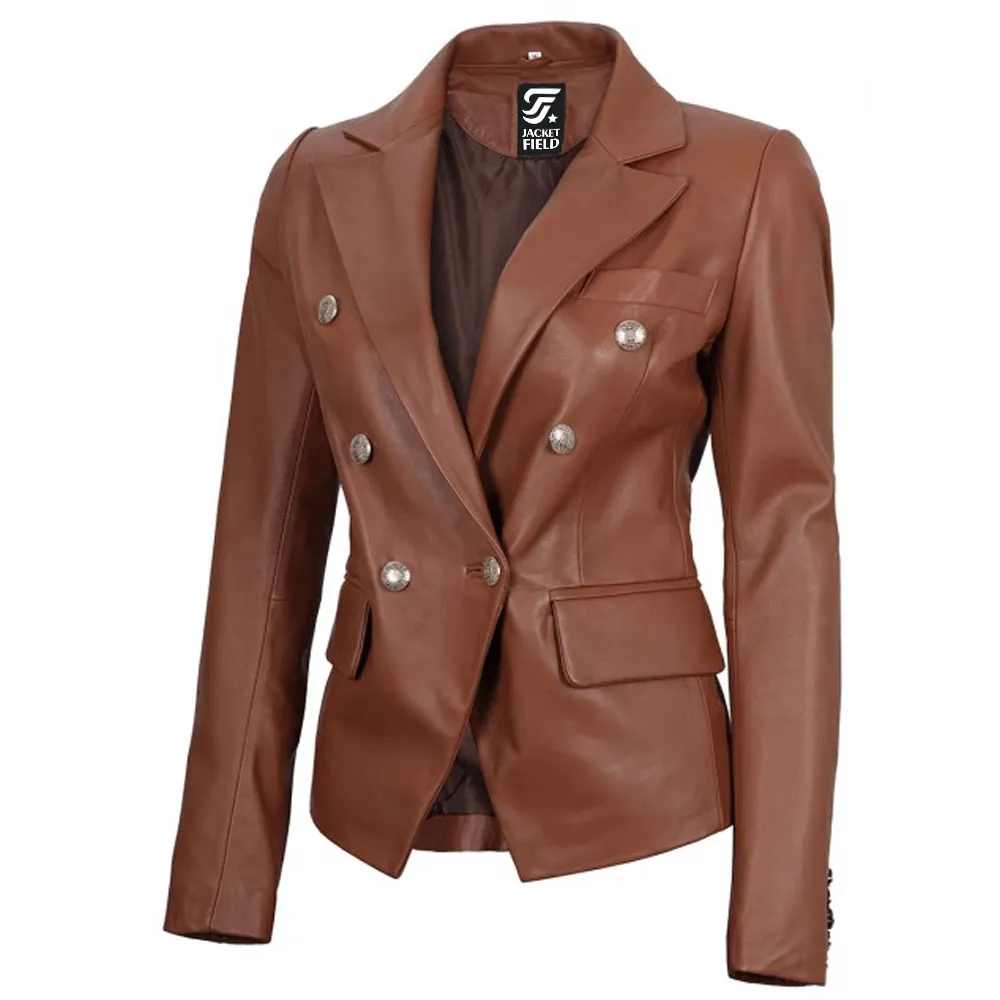 Kinley Womens Double Breasted Brown Leather Jacket by Jacket Field