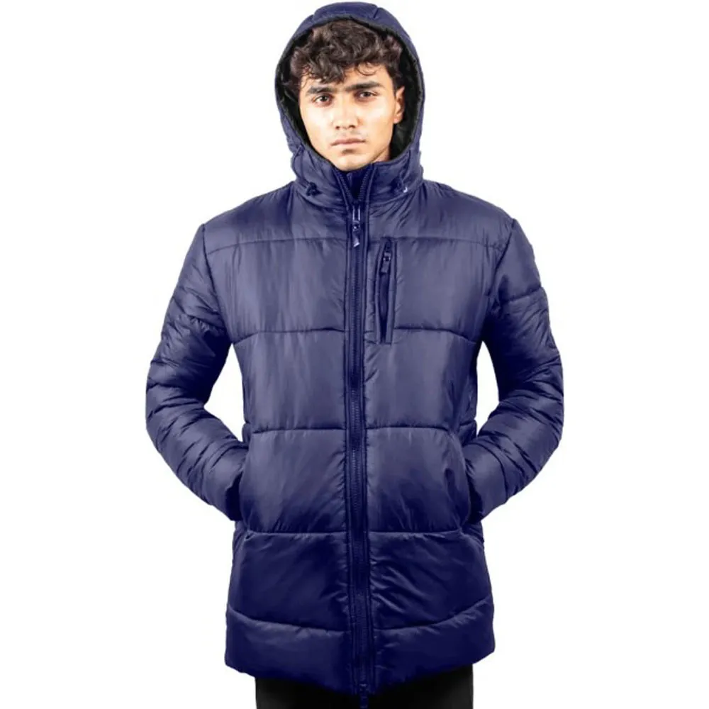 Men's 3/4 Length Hooded Parka Blue Jacket - Puffer Style By Jacket Field