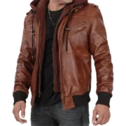Mens Brown Leather Jacket with Hood by Jacket Field