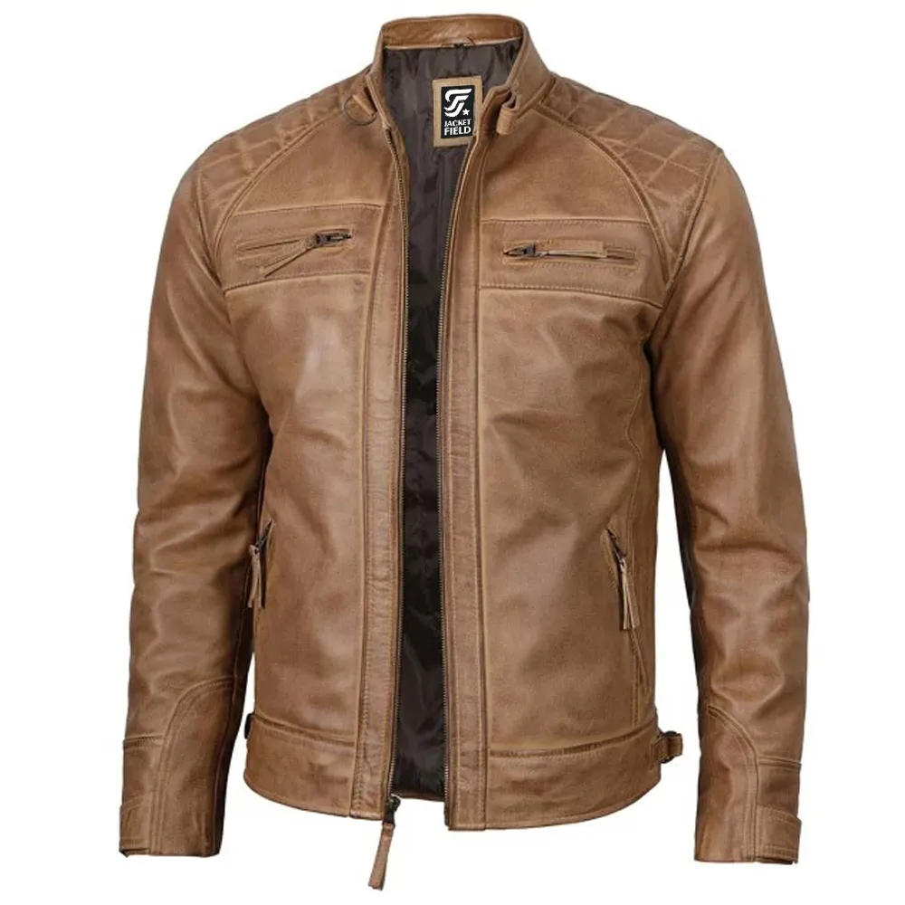 Mens Distressed Camel Brown Leather Jacket by Jacket Field