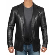 Men's Two-Button Blazer Black Leather Jacket by Jacket Field
