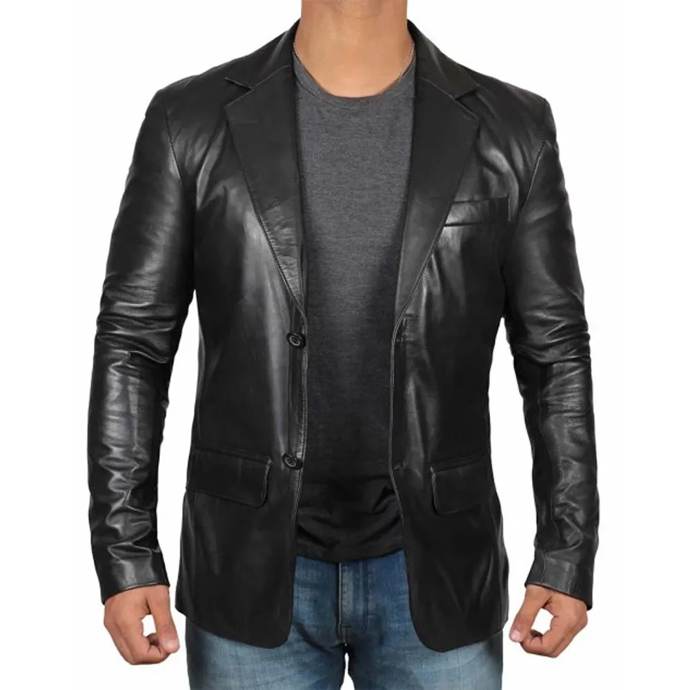 Men's Two-Button Blazer Black Leather Jacket by Jacket Field