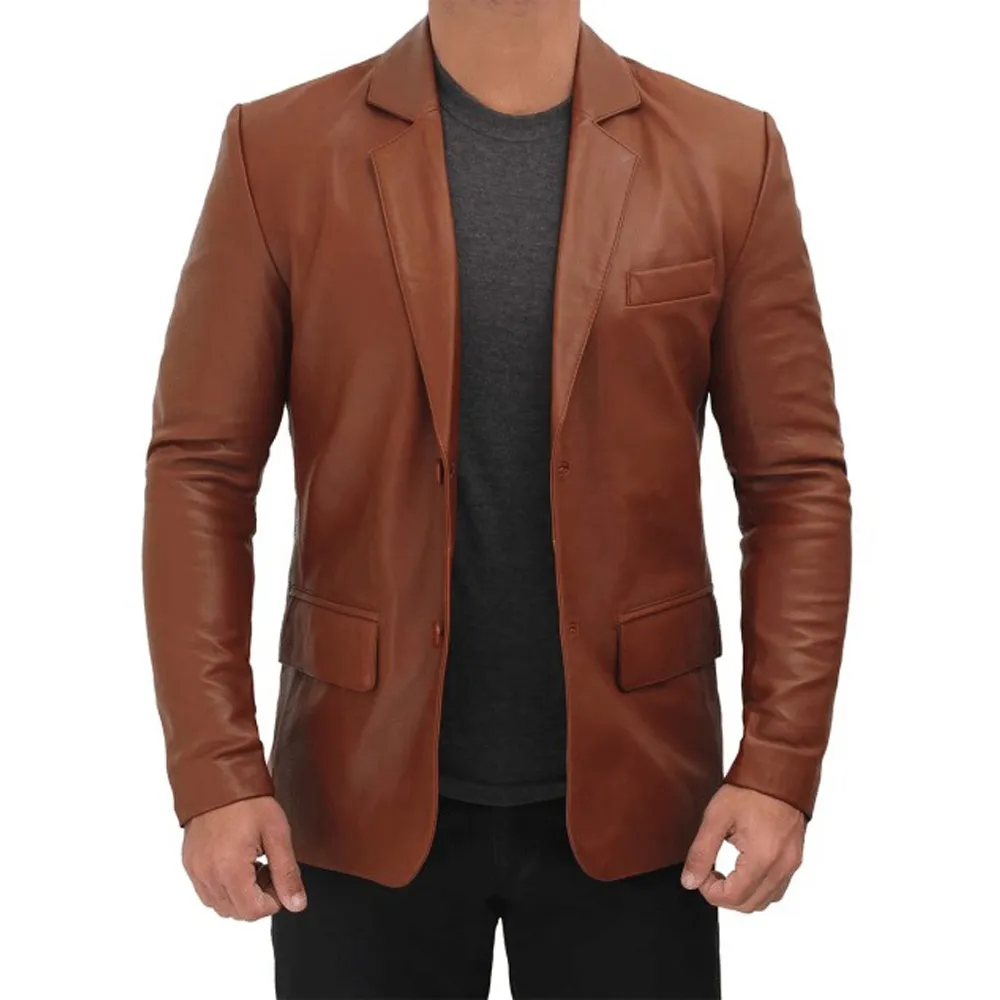 Men’s Tall Cognac Brown Leather Blazer Jacket by Jacket Field