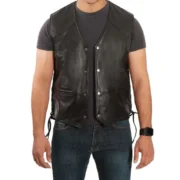 Mens Vintage V-Neck Black Leather Vest by Jacket Field