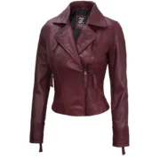Womens Biker Waxed Maroon Leather Jacket by Jacket Field