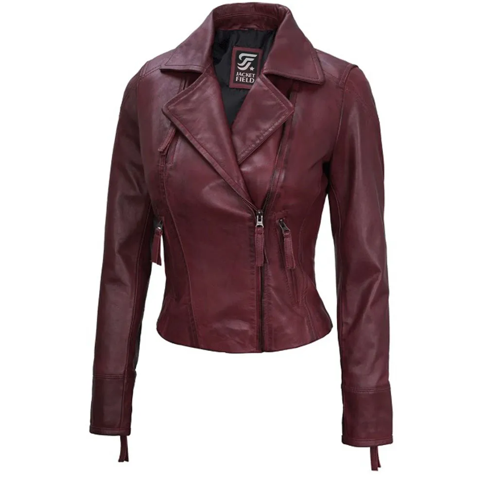 Womens Biker Waxed Maroon Leather Jacket by Jacket Field