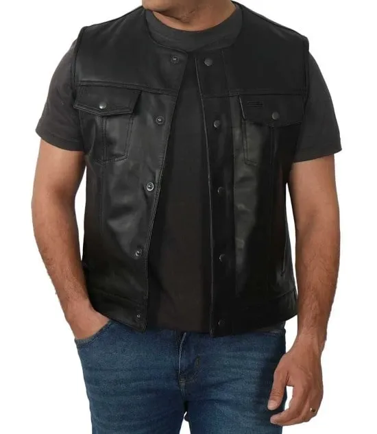 Western Style Mens Black Leather Vest by Jacket Field