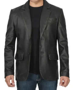 Mens Two-Button Black Leather Blazer Jacket by Jacket Field