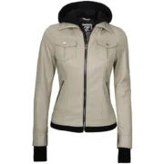 Beige Real Leather Bomber Jacket Women with Hood by Jacket Field