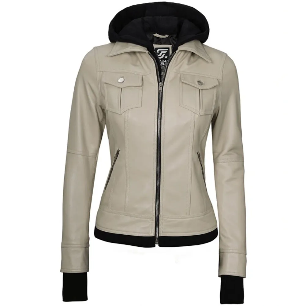 Beige Real Leather Bomber Jacket Women with Hood by Jacket Field