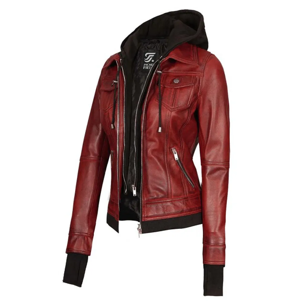 Tralee Maroon Leather Bomber Jacket Women with Removable Hood by Jacket Field