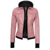 Pink Real Leather Bomber Jacket Women with Hood by Jacket Field