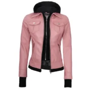 Pink Real Leather Bomber Jacket Women with Hood by Jacket Field
