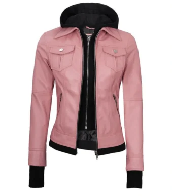 Pink Real Leather Bomber Jacket Women with Hood by Jacket Field