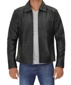 Mens Vegan Black Leather Jacket With Shirt Collar by Jacket Field