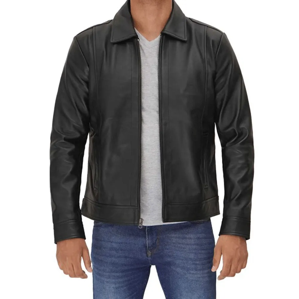 Mens Vegan Black Leather Jacket With Shirt Collar by Jacket Field