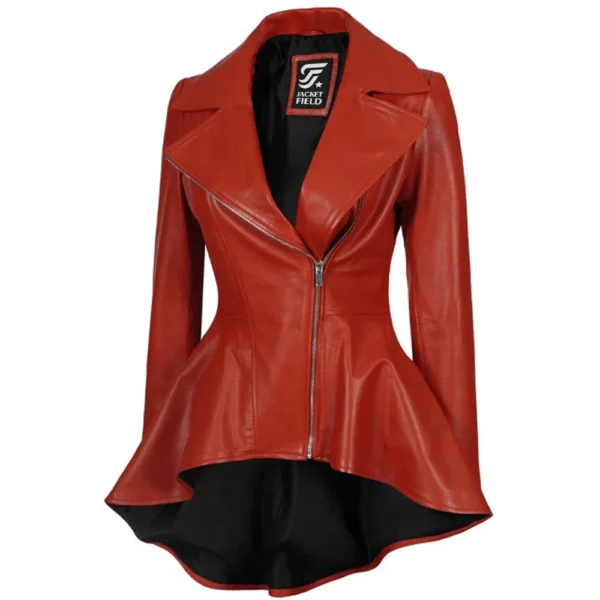 Womens Biker Style Peplum Red Leather Jacket by Jacket Field