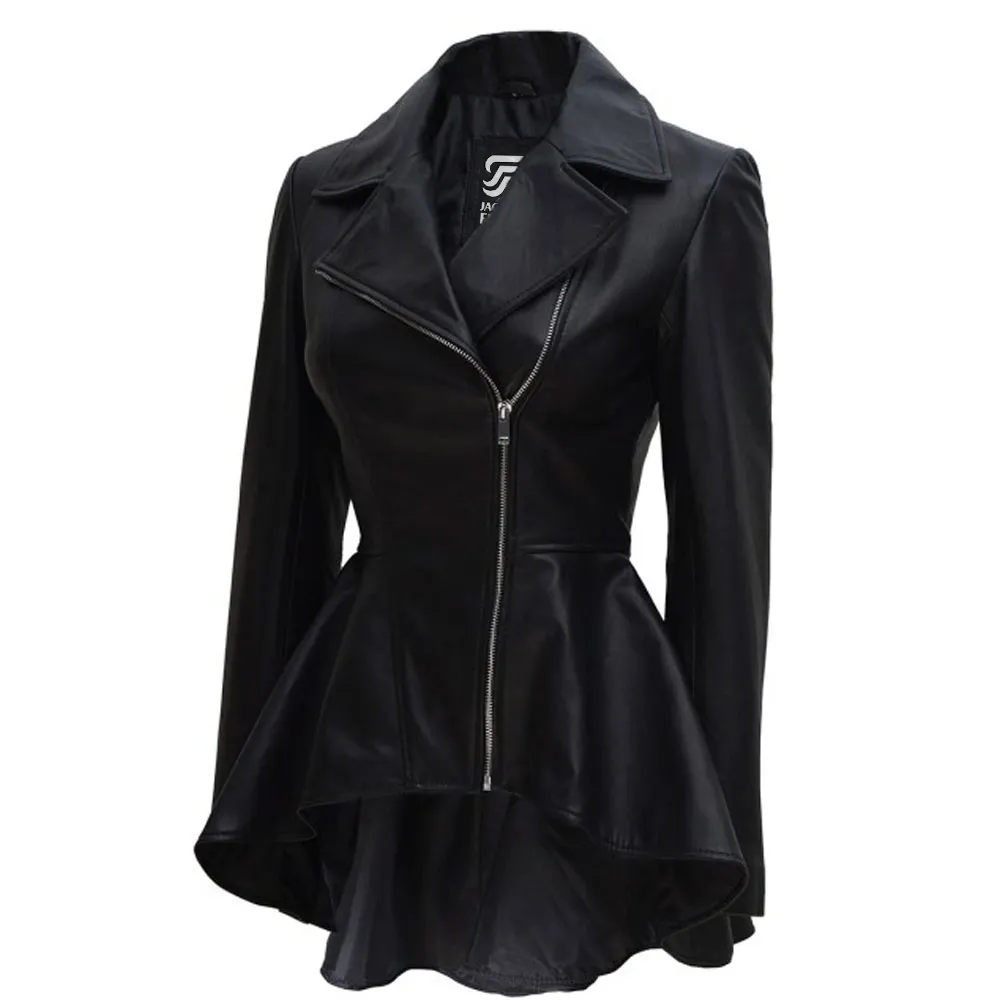 Women's Peplum Black Leather Jacket Asymmetrical Lambskin Biker Style By Jacket Field